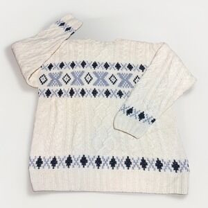 Embassy Row Sweater XL Hand Knit Cable Fair Isle 100% Wool Cream Navy Grey